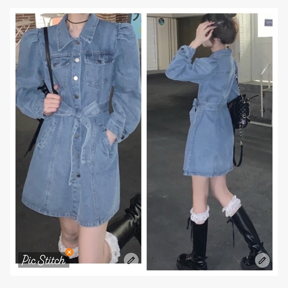 Elan Dresses & Skirts - Elan Denim Belted Puff Sleeve Dress